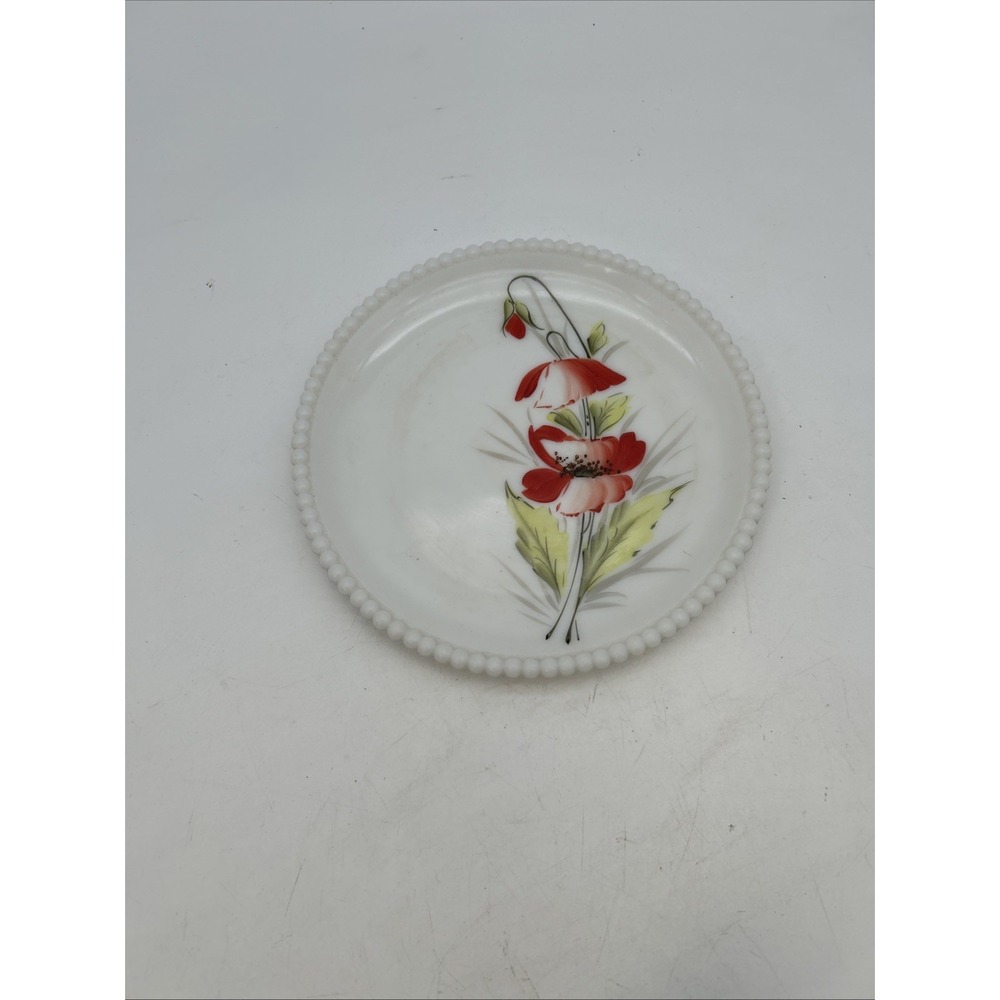 Vintage Westmoreland Milk Glass 7.5" Plate With Beaded Edging And Flowers